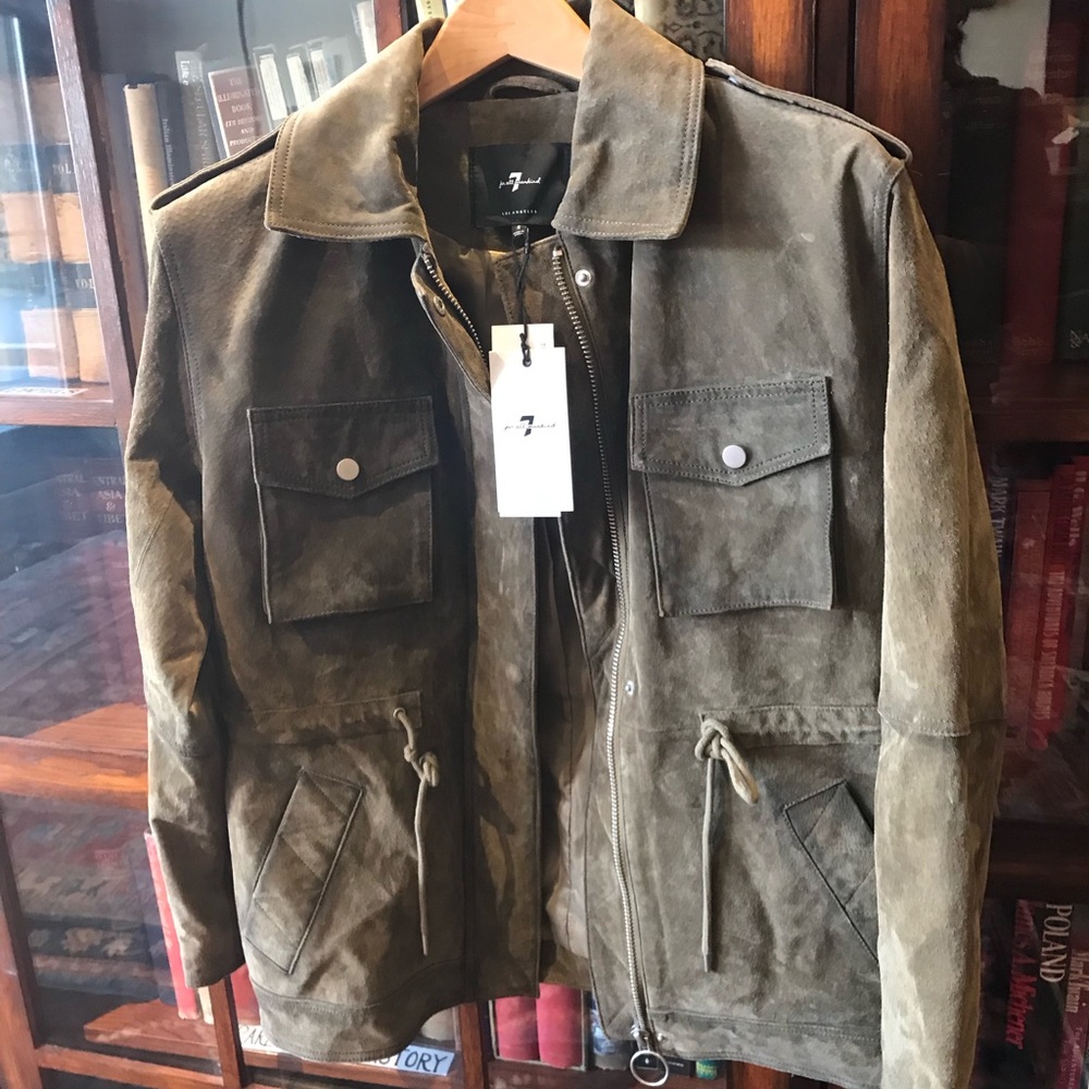 NWT 7 for all Mankind olive green Suede Leather Utility Jacket size S